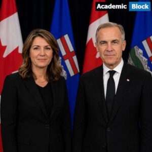 Danielle Smith and Mark Carney stand in front of Canadian and Alberta flags during a formal political portrait in black suits.