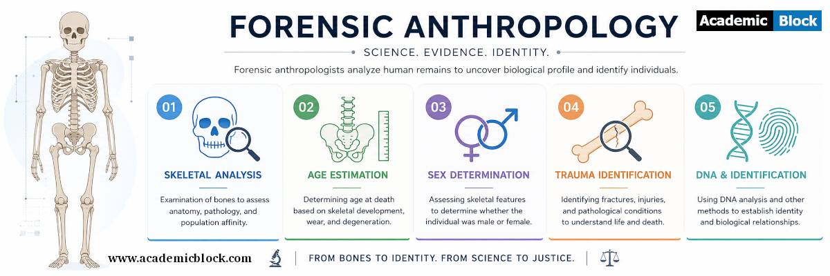 An infographic on forensic anthropology showing a skeleton and steps like skeletal analysis, age and sex estimation, trauma identification, and DNA testing to identify human remains.
