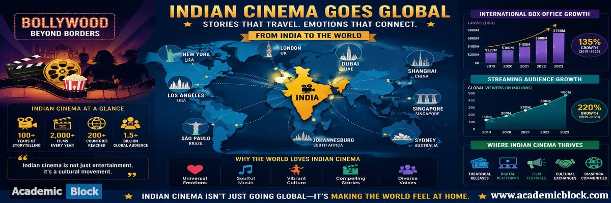 Image showing the globalization of Indian cinema, with India at the center of a world map connected by dotted lines to major cities, featuring Bollywood icons, actor silhouettes, and charts of international box office and streaming growth.
