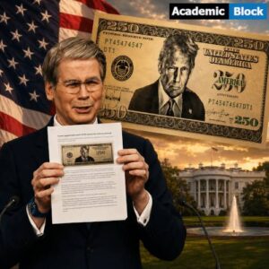 At a press conference on Thursday, Scott Bessent, at a podium holding a printed $250 Trump note proposal, with the American flag and White House in the background.