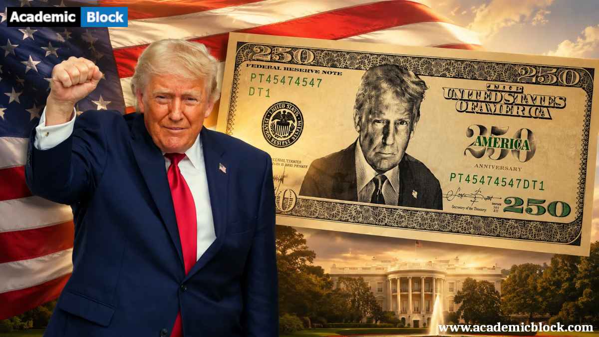 Donald Trump raising his fist next to a stylized $250 bill with his portrait, set against an American flag and the White House.