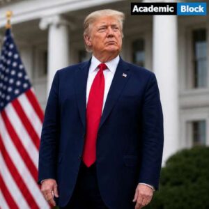 Close-up portrait of Donald Trump in a navy suit and red tie during a formal meeting.