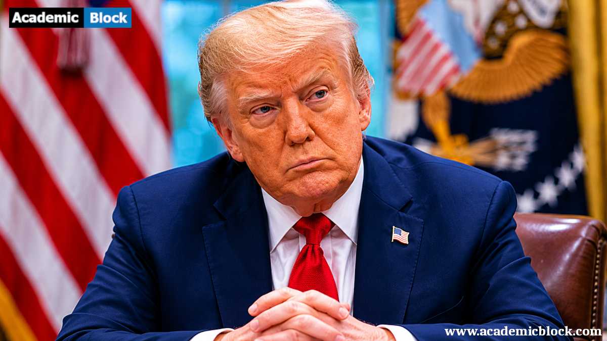 Close-up portrait of Donald Trump in a navy suit and red tie during a formal meeting.