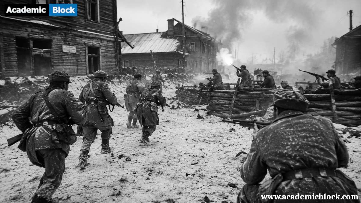 Red Army soldiers advance through a snow-covered village during the Russian Civil War as fierce fighting erupts around defensive barricades amid smoke and winter hardship.