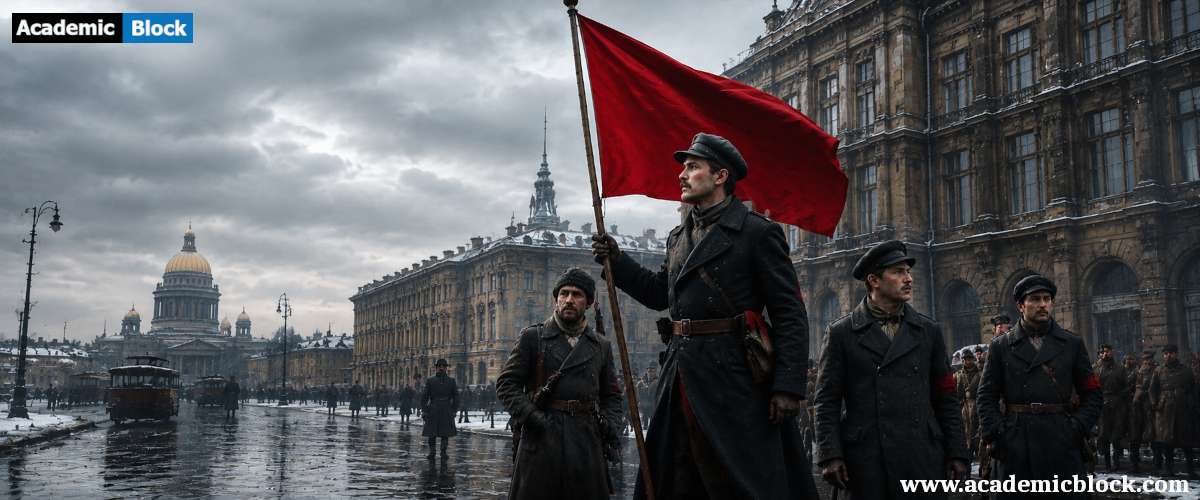 A group of Bolshevik revolutionaries standing on a snowy Petrograd street in 1917, holding a red flag, with historic buildings and overcast skies in the background.