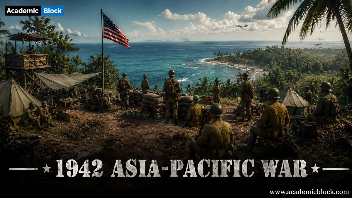 WWII Pacific island outpost, 1942, American soldiers resting and observing from tents and sandbags, palm trees and ocean in background.