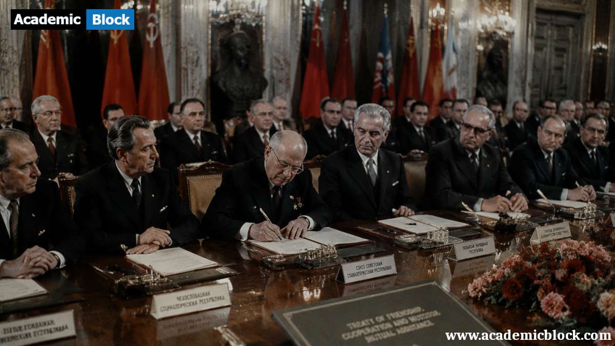 Image of Eastern Bloc leaders signing the Warsaw Pact in a grand Soviet hall, surrounded by flags and Cold War-era.