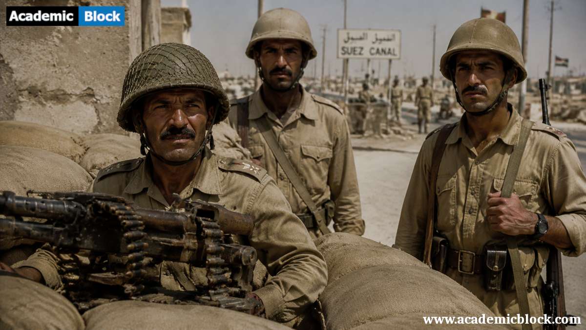 Three Egyptian soldiers stand at a sandbagged checkpoint in a sun-bleached desert war zone, with a “Suez Canal” sign and military activity visible in the dusty background.