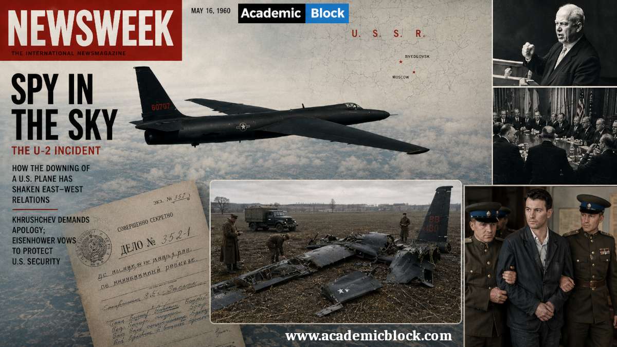 Image shows a magazine cover collage about the U-2 spy plane incident, featuring a jet, crash wreckage, and Cold War-era officials.