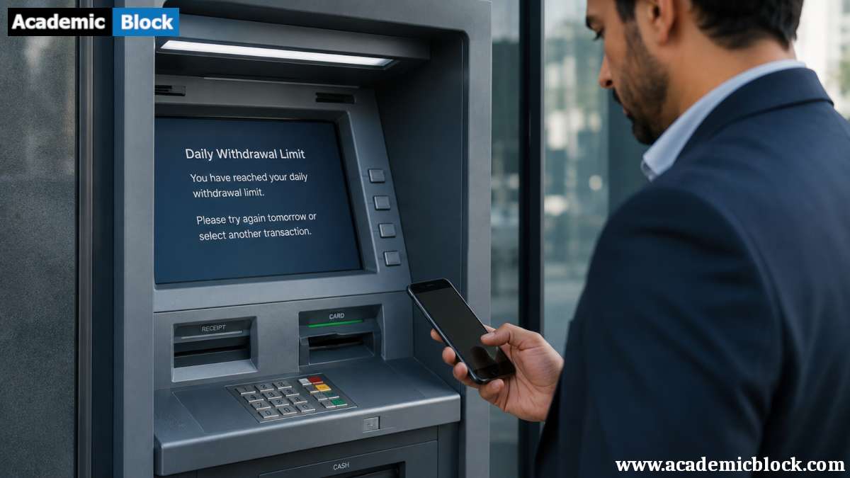 Customer checking a smartphone beside a modern ATM displaying a daily withdrawal limit message.