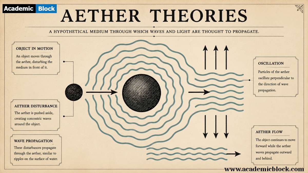 Vintage-style infographic illustrating Aether Theories, showing a hypothetical medium for light propagation with waves, motion, and aether flow concepts.