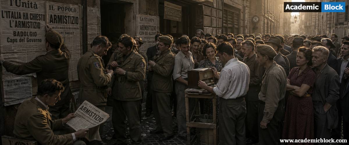 Italian citizens gather around radios and newspaper stands in September 1943 after Italy's surrender to the Allies, reflecting a mix of relief, uncertainty, and the collapse of Fascist rule during World War II.
