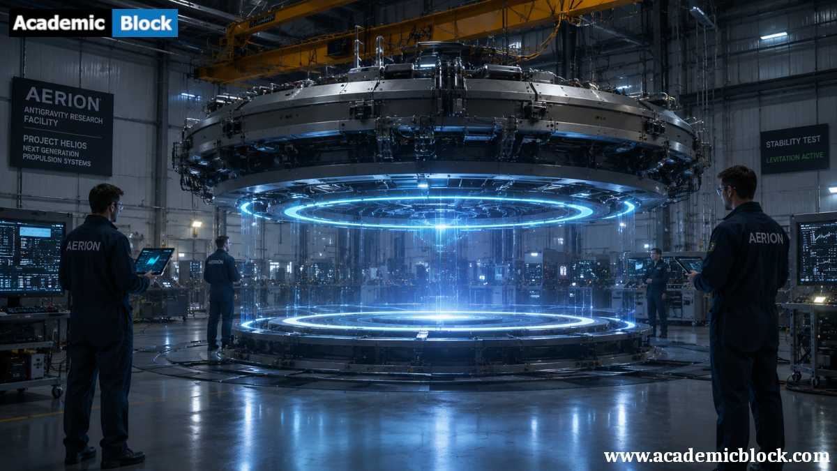 Engineers test a futuristic antigravity and Levitation propulsion system inside a high-tech aerospace research facility.
