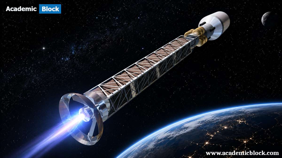 Antimatter rocket traveling through deep space above Earth, powered by a bright high-energy propulsion system.