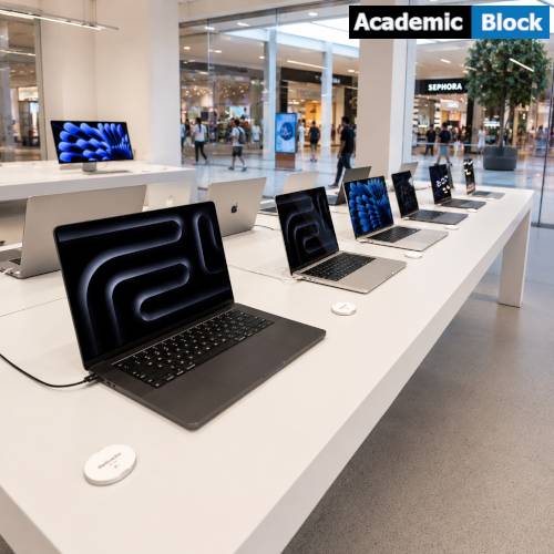 Image shows some showcase mack book in the apple store.