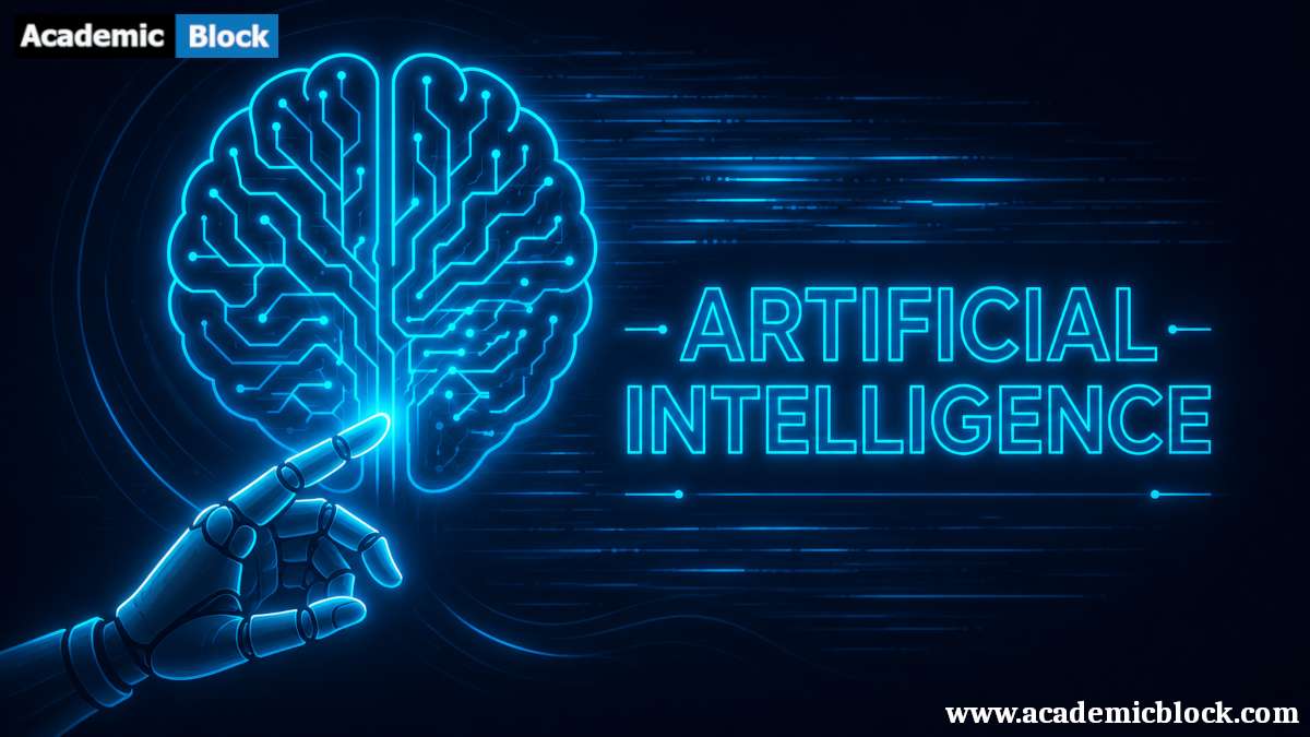 This image shows a glowing digital brain with neural networks, symbolizing Artificial Intelligence, alongside a robotic hand reaching toward the AI text.