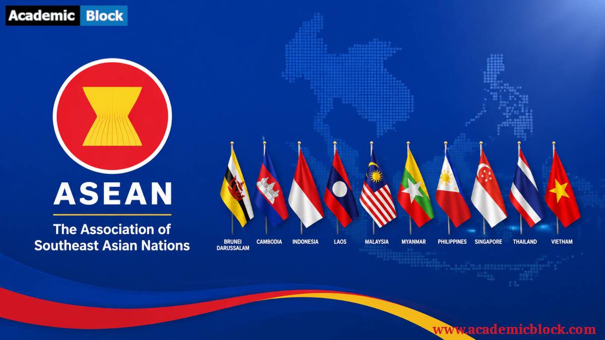 ASEAN logo with Southeast Asia map and member nation flags representing regional cooperation and unity.