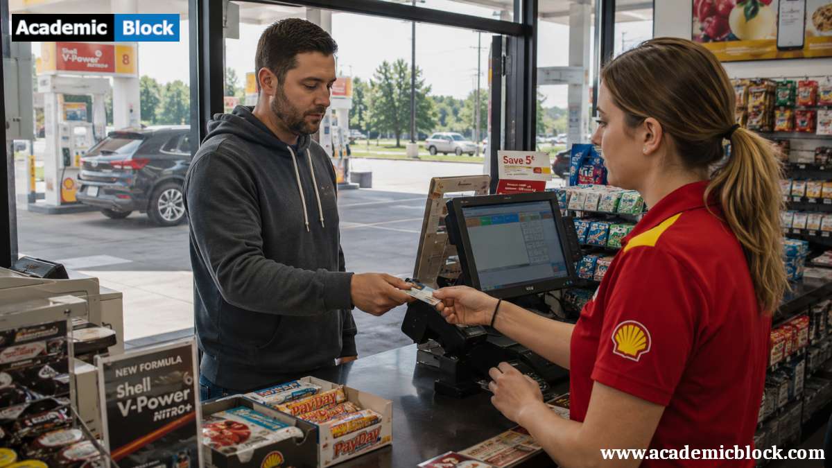 A customer pays inside a gas station convenience store before fueling, helping avoid debit card holds at the pump.
