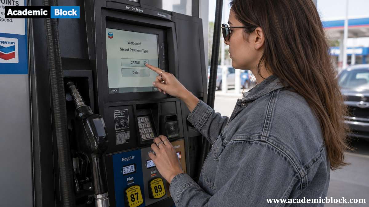 A customer selects the credit payment option at a gas station terminal to avoid debit card authorization holds.