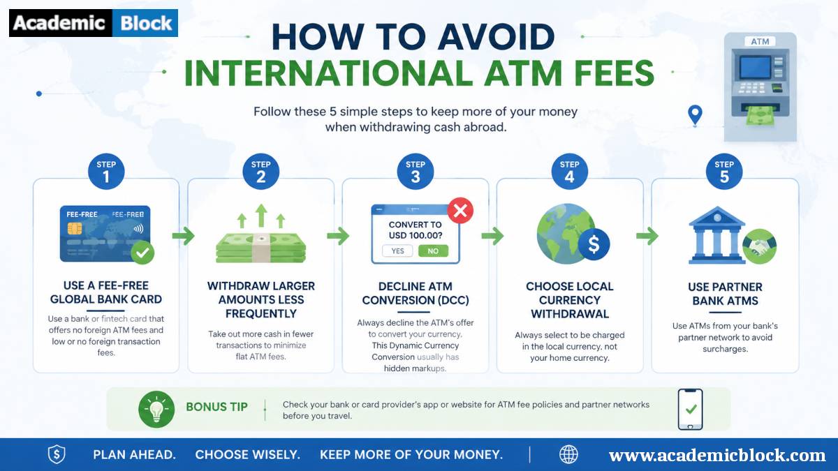 An infographic warning about international ATM fees, showing an ATM, crossed-out icons for exchange, surcharge, and hidden fees, and a debit card over a globe to promote smarter, fee-free travel spending.