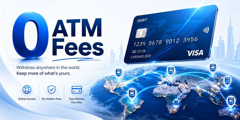 Blue debit card above a connected global ATM network with the headline “0 ATM Fees” in a clean, modern fintech design.