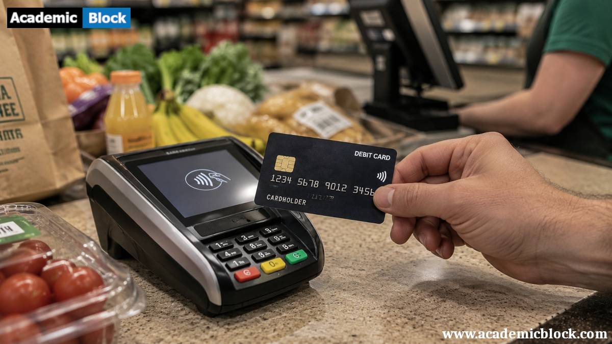 A customer holds a debit card near a contactless payment terminal at a grocery checkout, highlighting safe tap-to-pay control.