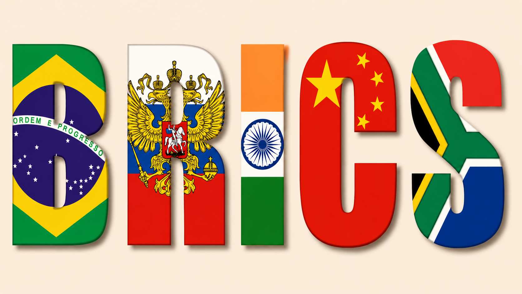 The acronym BRICS formed by letters with flags of the member countries. B for Brazil, R for Russia, I for India, C for China, and S for South Africa. The image represents the five major emerging economies of the world.