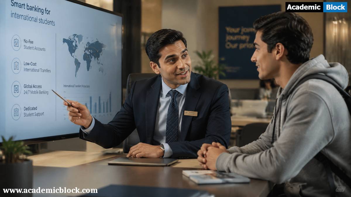 Bank advisor assisting an international student with account details on a tablet.