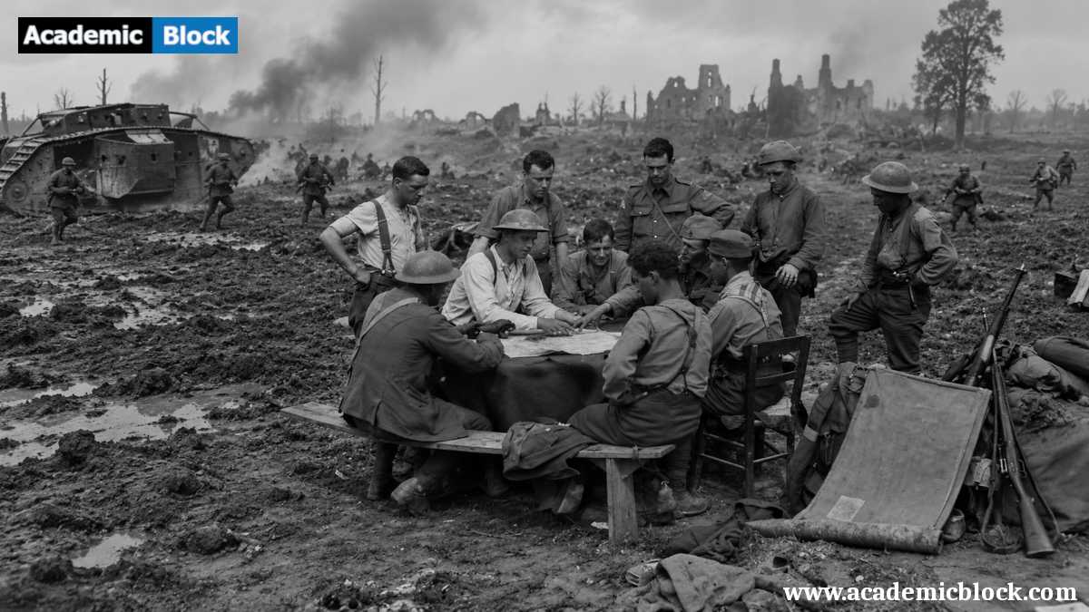 A black-and-white battlefield scene depicting Allied soldiers planning operations during the Battle of Amiens in 1918, with tanks, muddy terrain, and war-torn ruins in the background.
