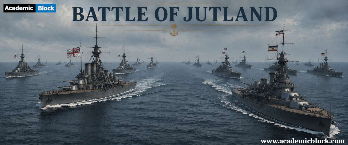 British and German battleships in formation on the calm North Sea during the Battle of Jutland, 1916.
