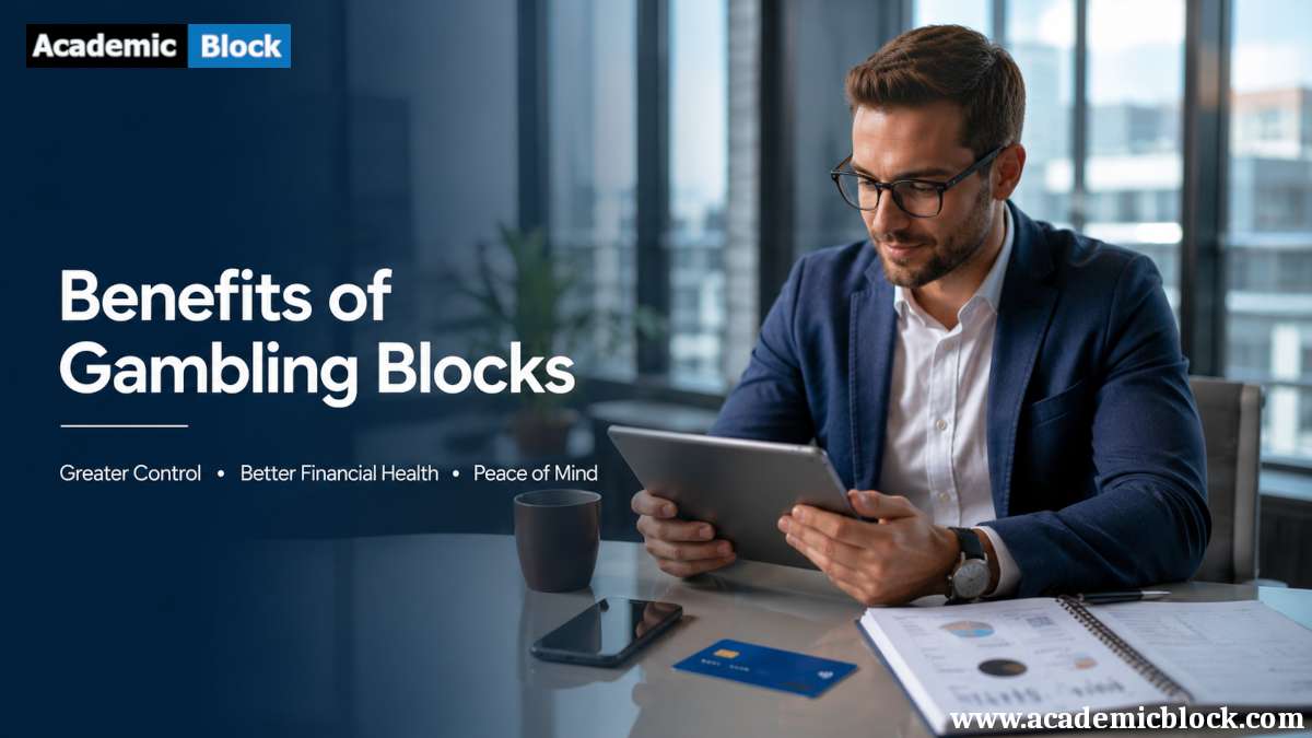 Professional reviewing financial information on a tablet with banking essentials, highlighting the benefits of gambling blocks.