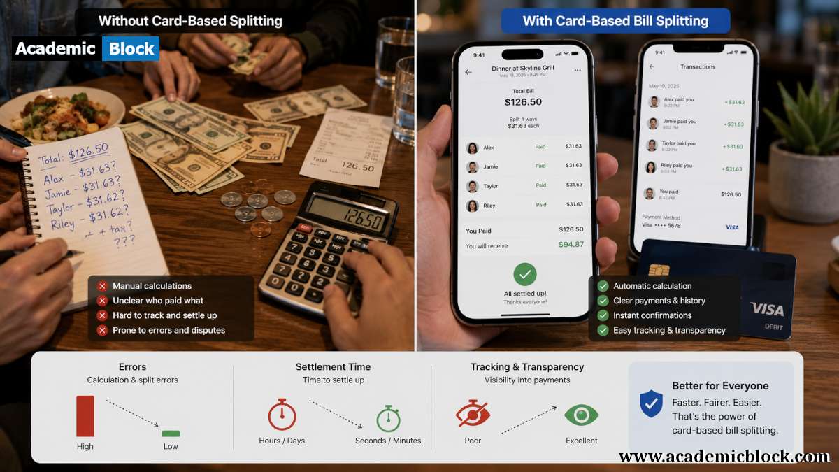 A split-screen comparison shows messy manual cash splitting versus fast, card-based bill splitting with automatic calculations and instant confirmations.