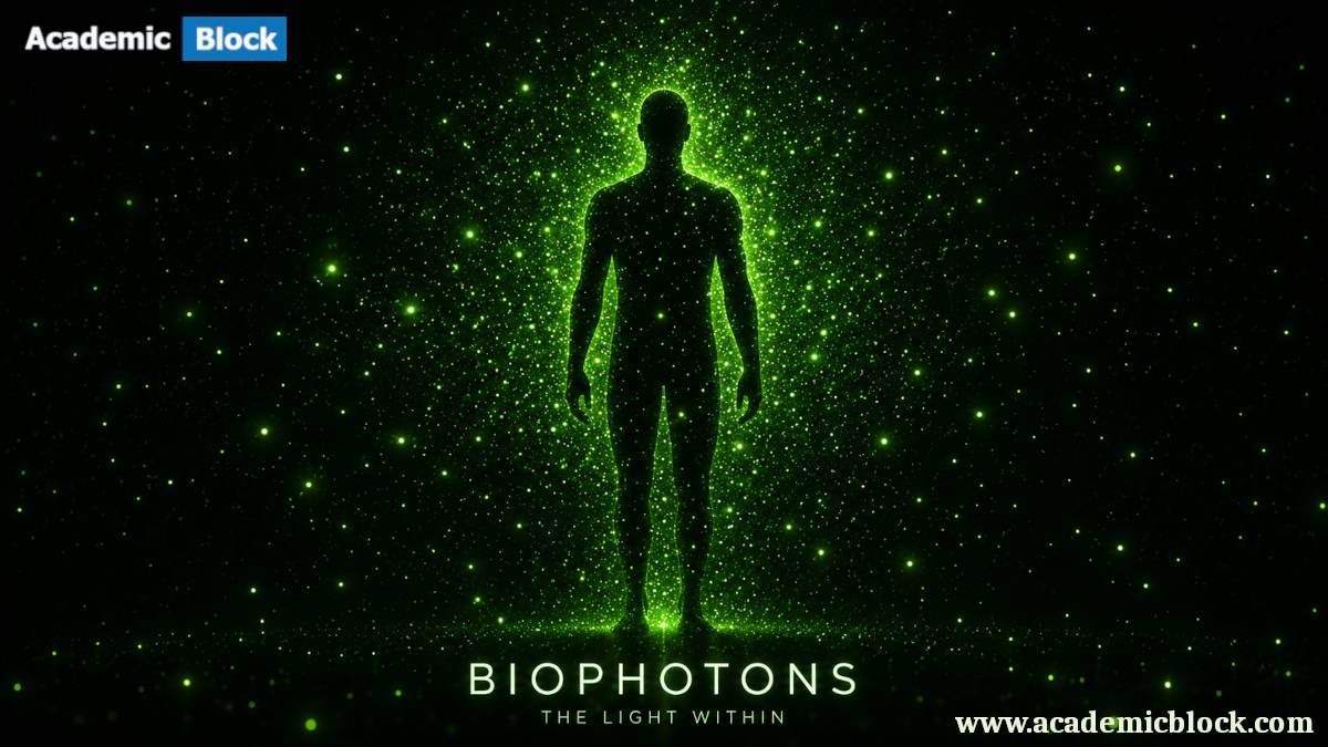 A glowing human silhouette surrounded by radiant green light particles, representing biophotons and inner energy.