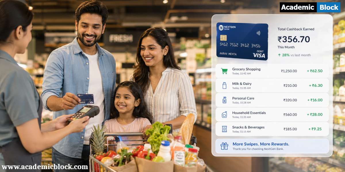 A family shops for groceries while a debit card payment triggers visible cashback rewards on a digital overlay.