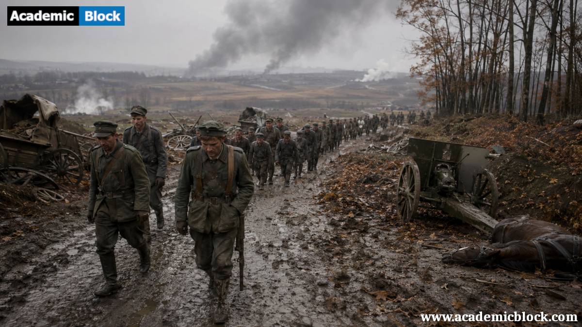 Exhausted German soldiers retreat along a muddy road in northern France, autumn 1918, amid abandoned artillery, drifting smoke, and the fading hopes of World War I.