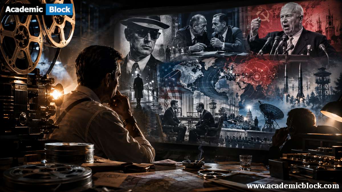 A vintage projector displays Cold War scenes of espionage, diplomacy, and global rivalry, capturing the era's tension through cinematic storytelling.