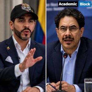 Abelardo de la Espriella and Iván Cepeda speaking during Colombia’s presidential runoff campaign in a split portrait image.