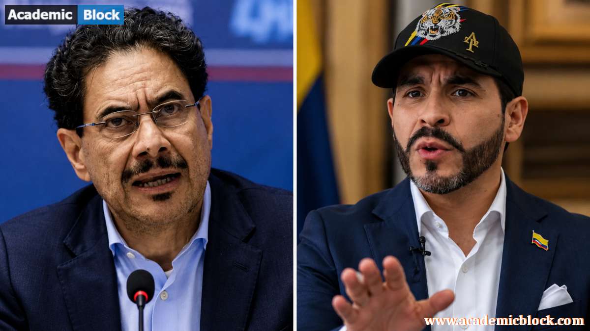 Abelardo de la Espriella and Iván Cepeda speaking during Colombia’s presidential runoff campaign in a split portrait image.