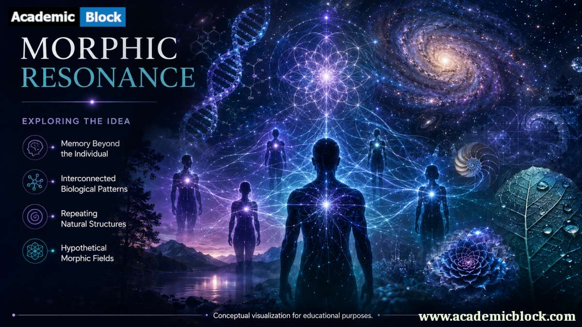 Infographic showing connected human silhouettes, DNA, galaxies, and natural patterns to illustrate the concept of morphic resonance.