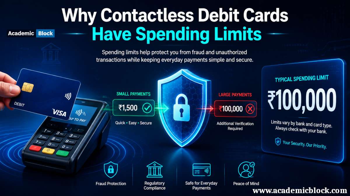 Image showing Contactless debit card payment protected by a security shield blocking a ₹100,000 transaction.