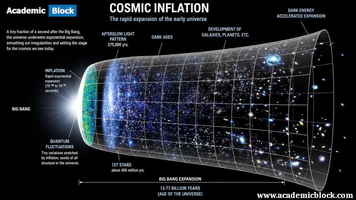 A scientific illustration of cosmic inflation showing the rapid expansion and evolution of the universe from the Big Bang to the present day.