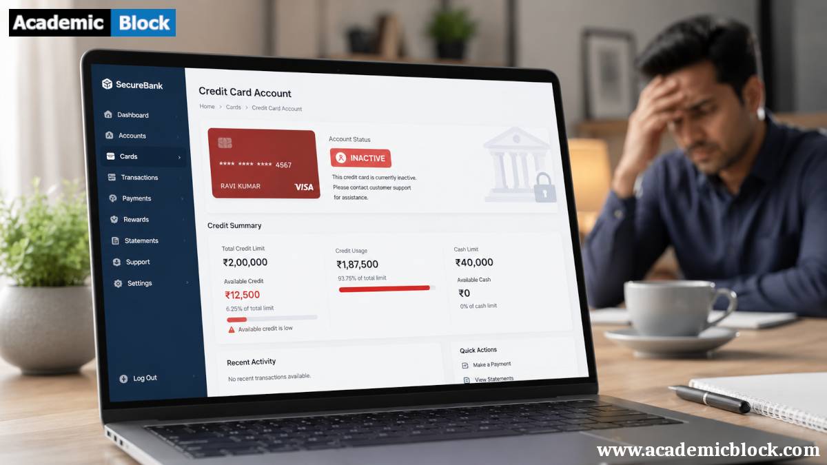 A worried man looks at a laptop showing an inactive credit card dashboard waith reduced available credit.