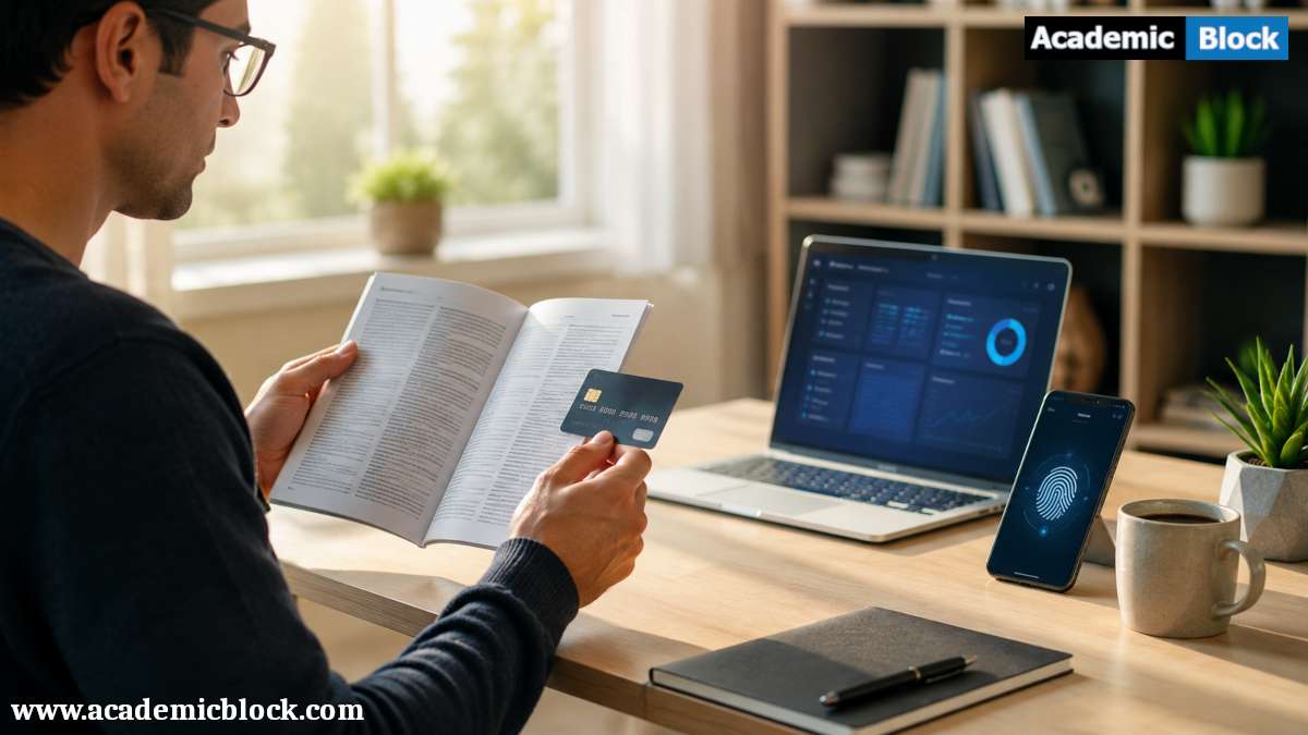 Professional reviewing a new credit card and terms booklet in a secure home office workspace.