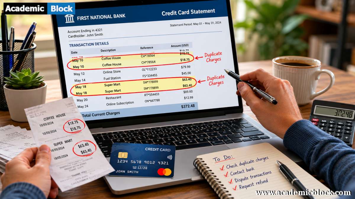 A person reviews a laptop showing a credit card statement with duplicate charges circled in red, surrounded by receipts, a credit card, and a calculator on a desk.