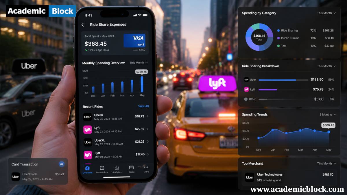 Smartphone fintech dashboard showing ride-sharing expenses with analytics charts, spending breakdowns, and ride history over a blurred city commute scene with Uber and Lyft vehicles.