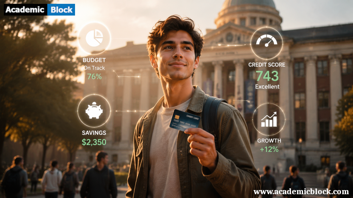 Young student confidently holding a credit card on a university campus at sunrise, surrounded by subtle floating fintech icons representing budgeting, savings, credit score, and growth.