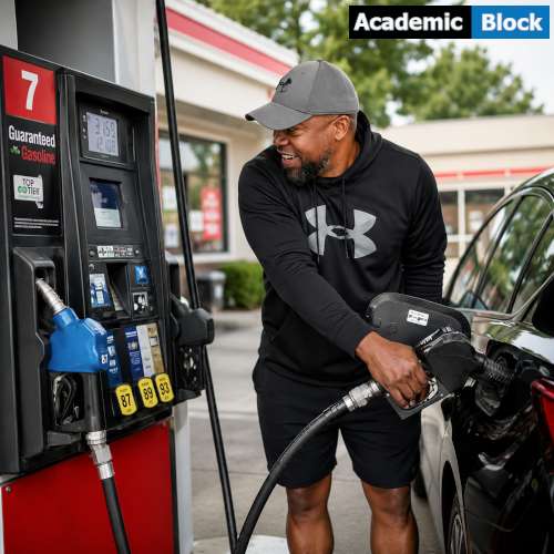 A man in a red hoodie refuels his car while watching the fuel price display at a gas station.