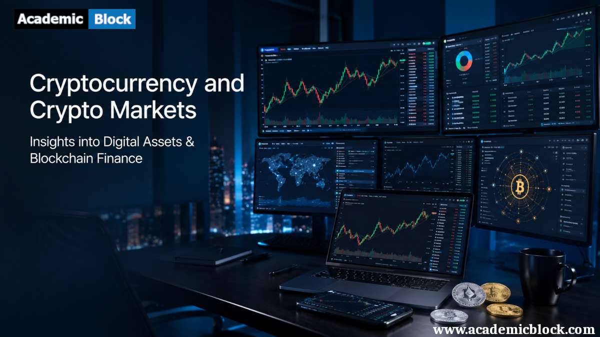 Modern cryptocurrency trading workstation with multiple monitors displaying digital asset market charts and blockchain analytics in a premium fintech office.