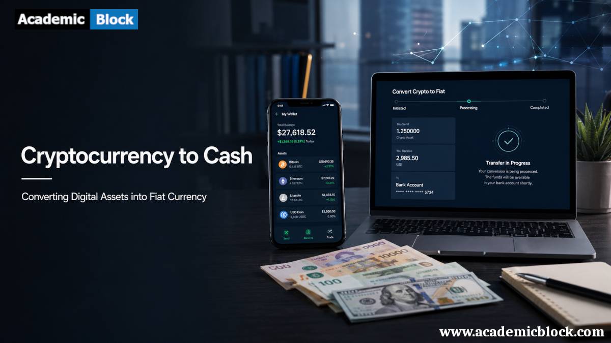 Cryptocurrency-to-cash conversion in a modern fintech workspace with digital financial dashboards.
