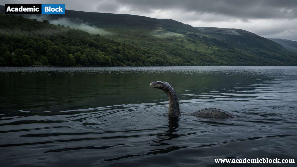 Image of the Loch Ness Monster swimming in the lake, Cryptozoology.